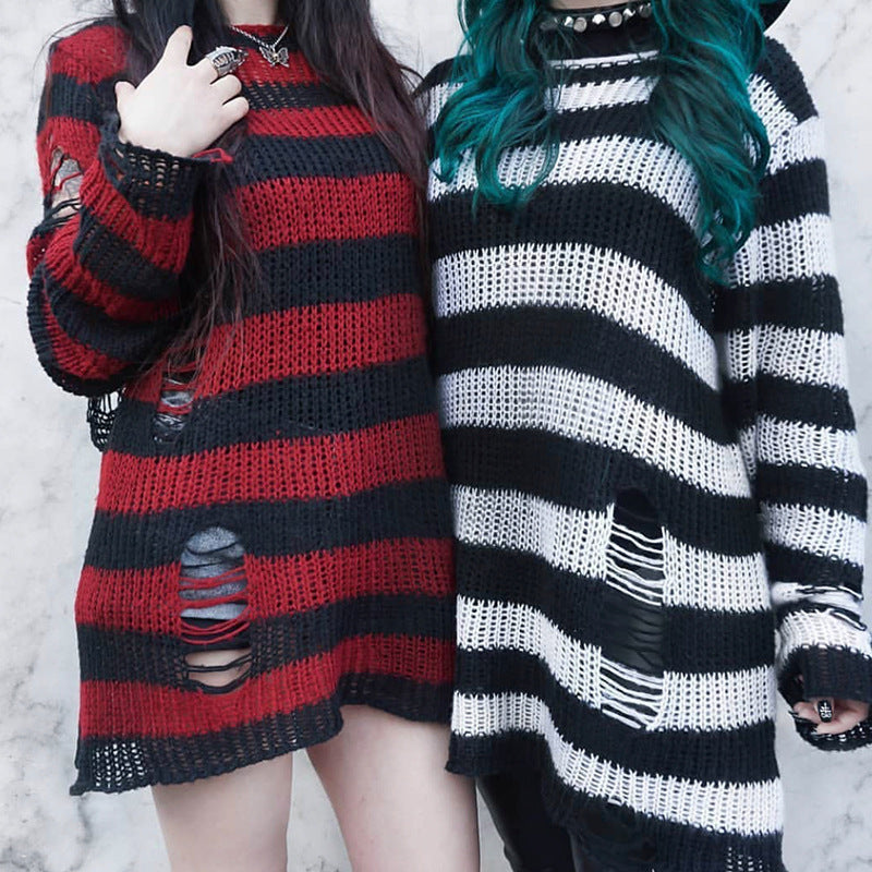 Damen nan Oversized Grobstrickpullover mit breiten Blockstreifen und aufgerissenem Design
