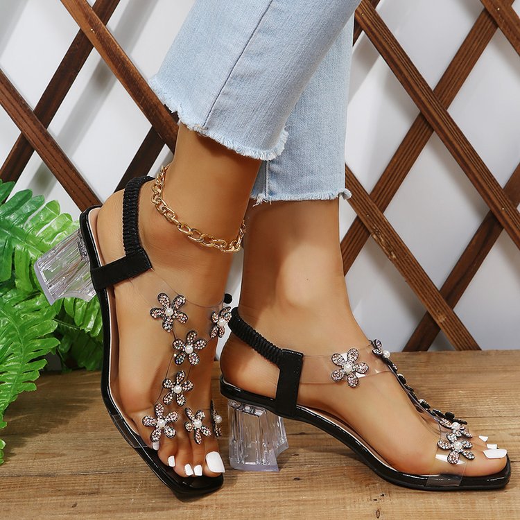 Damen Elegante Sandalen mit Blumenapplikationen und transparentem Absatz Selmira