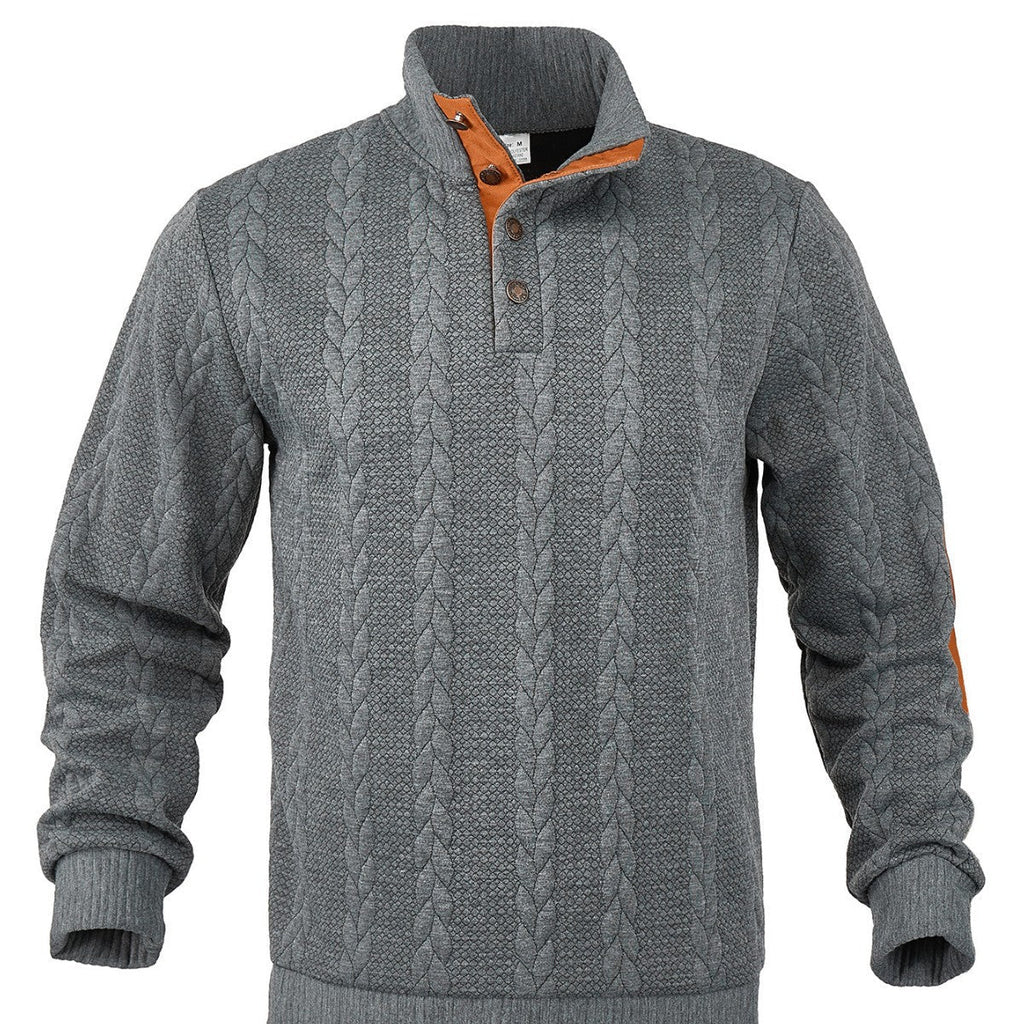 Herren nan Zopfmuster-Pullover mit Stehkragen, halber Knopfleiste und Ellbogenpatches