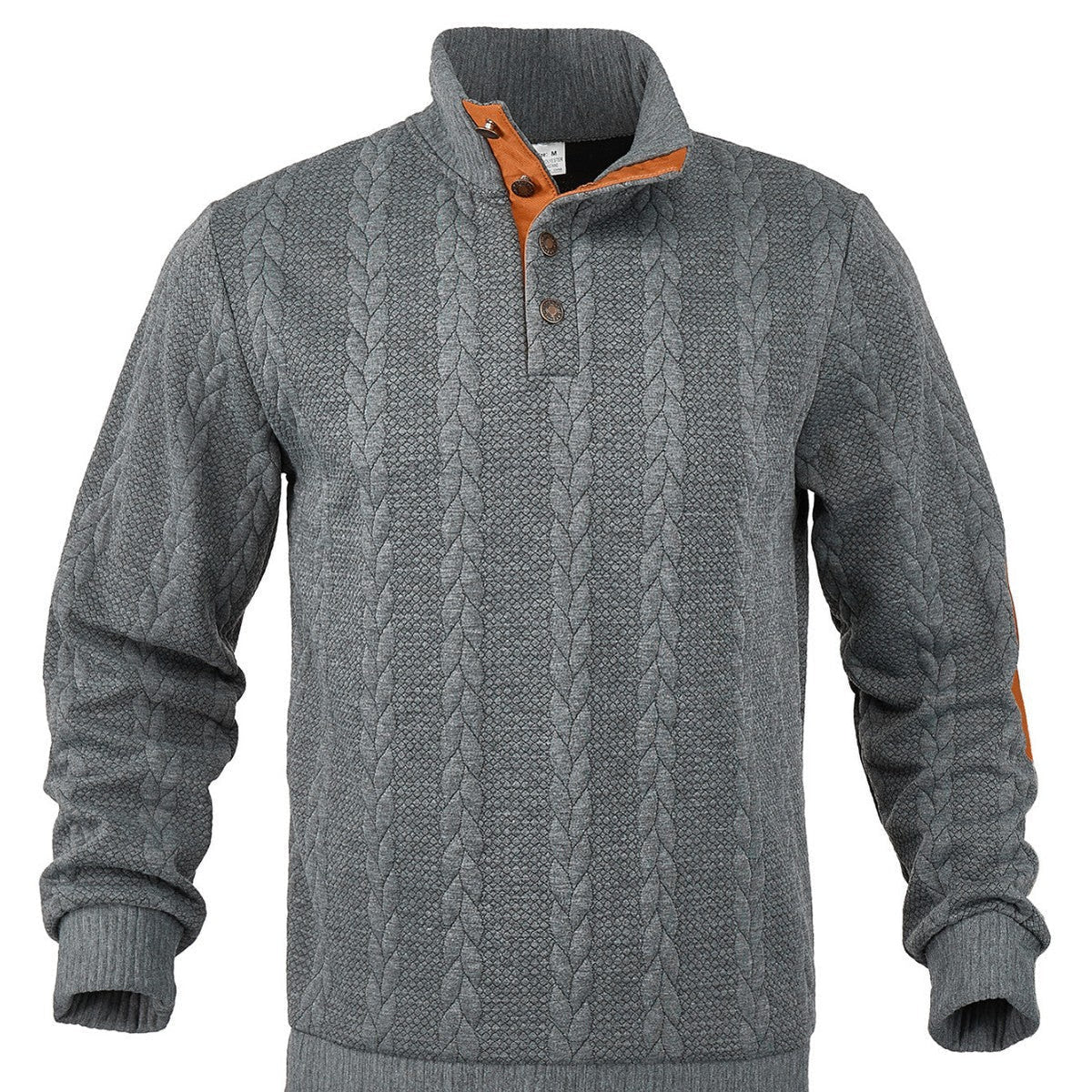 Herren nan Zopfmuster-Pullover mit Stehkragen, halber Knopfleiste und Ellbogenpatches