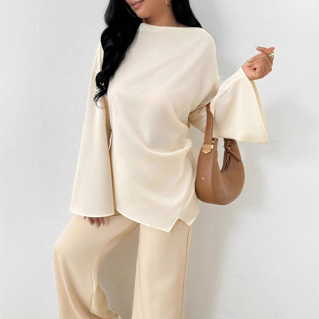 Damen nan oversized Satin-Tunika mit U-Boot-Ausschnitt und weiten Trompetenärmeln