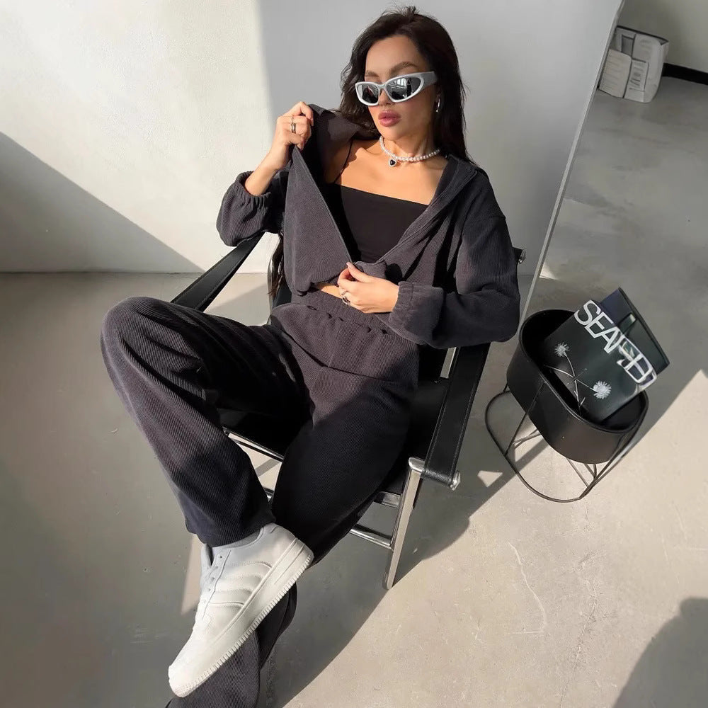 Damen nan kurzes Kapuzen-Loungewear-Set mit durchgehendem Reißverschluss, elastischem Komfortbund und gerippter Struktur