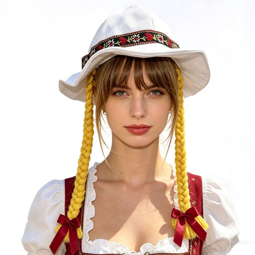 Damen nan verspielter Sonnenhut mit geflochtenen Zöpfen, besticktem Stirnband und breiter Krempe