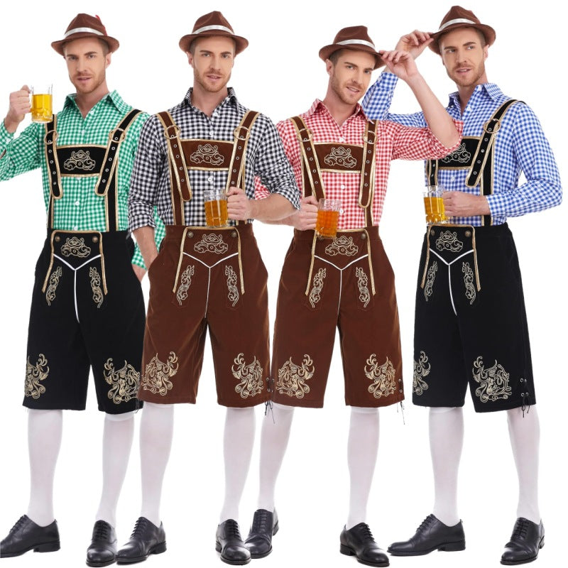 Herren nan Filzoptik-Lederhose knielang mit barocker Stickerei, verstellbaren Trägern und Dekornieten