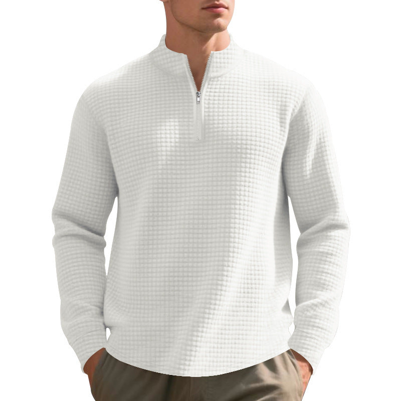 Herren nan leichtes Waffelstrick-Halbzip-Pullover mit Stehkragen und atmungsaktivem Baumwollmix