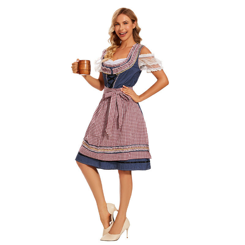 Damen nan traditionelles Trachtenkleid mit Schnürmieder, Spitzenärmeln und karierter Schürze
