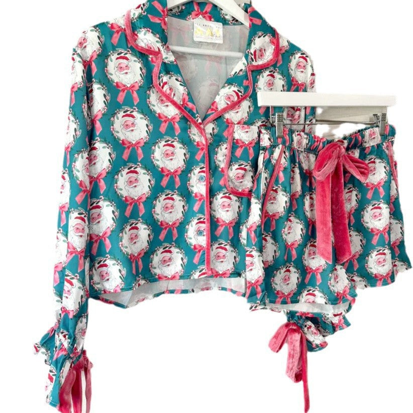Damen nan verspieltes zweiteiliges Pyjama-Set mit Volantärmeln, Kordelzug und Brusttasche