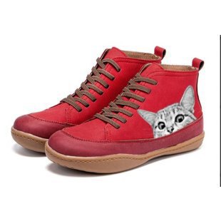 Damen nan knöchelhohe Sneaker mit niedlichem Katzenmotiv Stickerei und ergonomischem Komfortfußbett