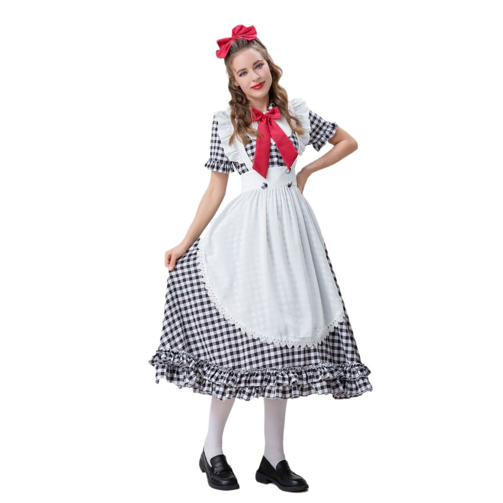 Damen nan Vintage-inspiriertes Karo-Swingkleid mit abnehmbarer Schürze, Rüschenärmeln und Schleifenkragen