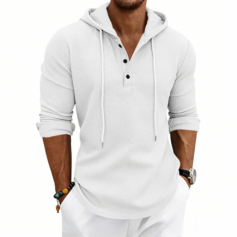 Herren nan lässiges Waffelstrick-Henley Kapuzenpullover mit Knopfleiste