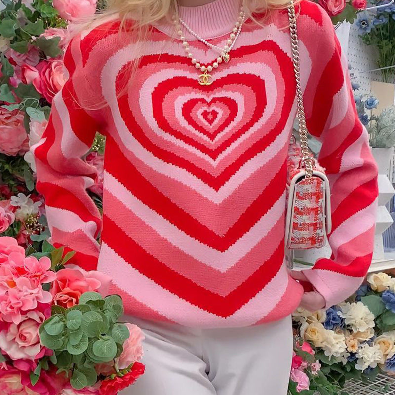 Damen nan oversized Strickpullover mit Herz-Intarsie und Chevron-Muster