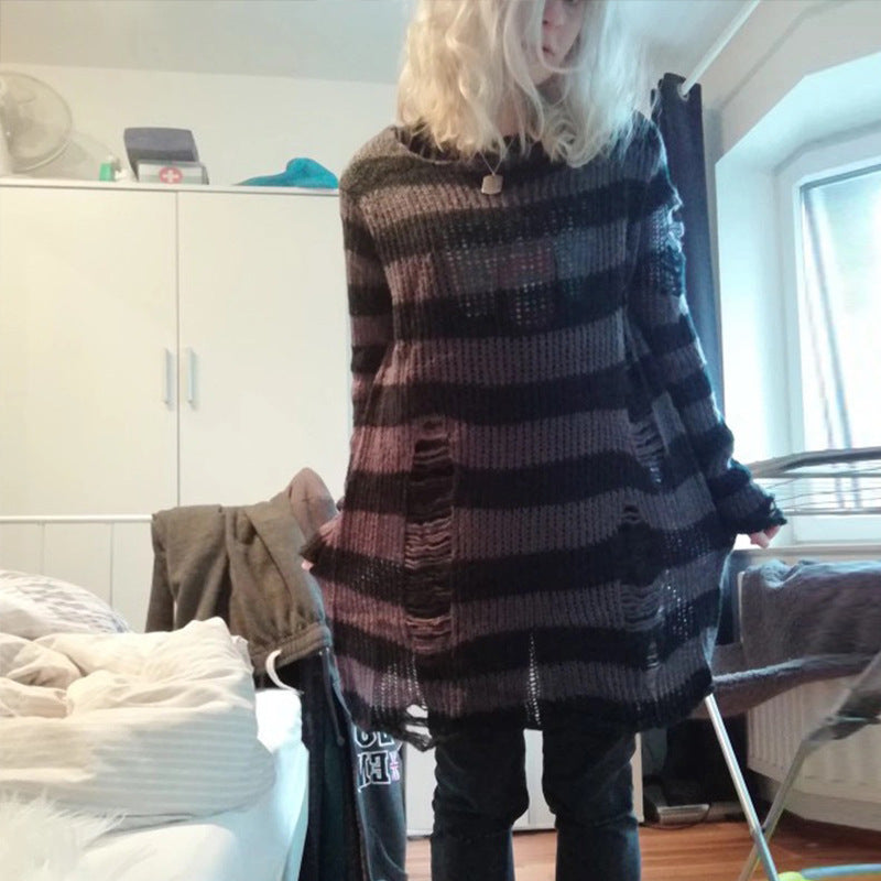 Damen nan Oversized Grobstrickpullover mit breiten Blockstreifen und aufgerissenem Design
