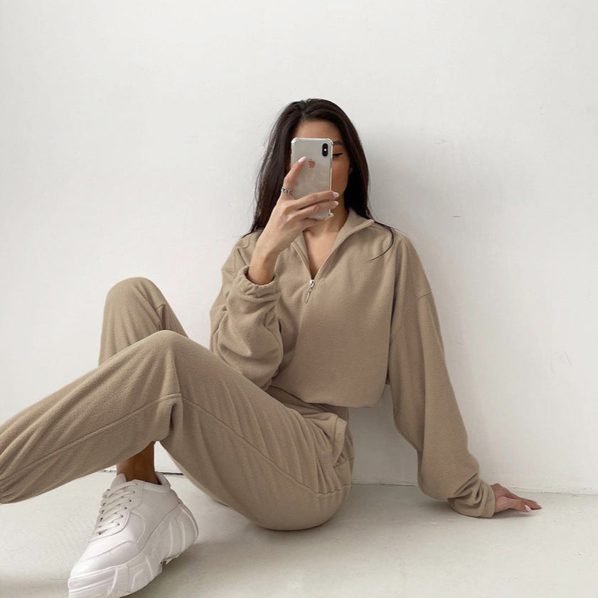 Damen nan kurz geschnittenes Thermo-Fleece-Set mit Halbfront-Reißverschluss und hohem Komfortbund