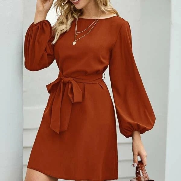 Damen nan elegantes Etuikleid mit Ballonärmeln und Taillengürtel