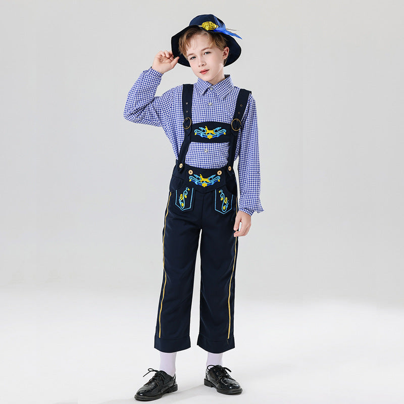 Herren nan bestickte Kindertracht Latzhose mit verstellbaren Hosenträgern und Kontrastnähten