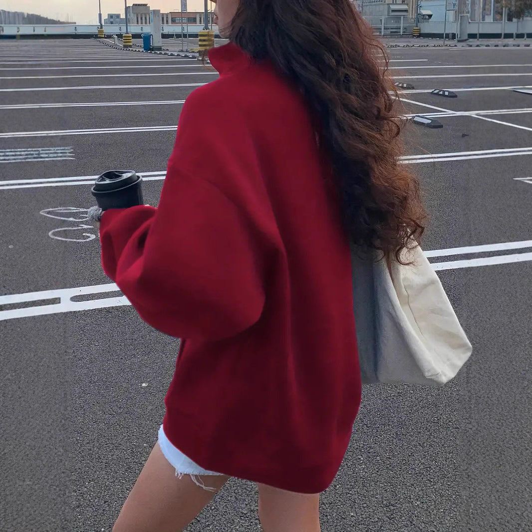 Damen nan oversized Halbzip-Sweatshirt mit hohem Stehkragen, Kängurutasche und lässigem Oversize-Schnitt