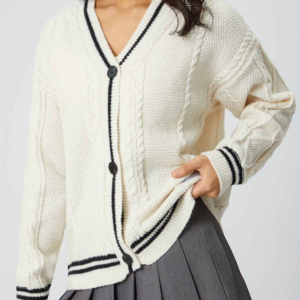 Damen nan oversized Zopfstrick Cardigan mit V-Ausschnitt und kontrastierenden Strickkanten