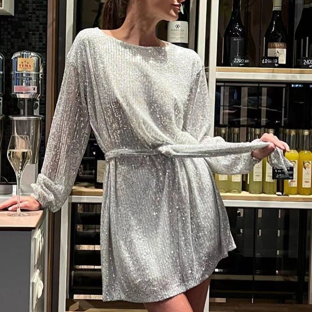 Damen Glamouröses Cocktailkleid mit funkelnden Lurex-Fäden und elastischem Taillengürtel Selmira