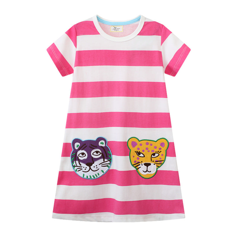 Mädchen gestreiftes T-Shirt-Kleid mit tierischen Applikationen
