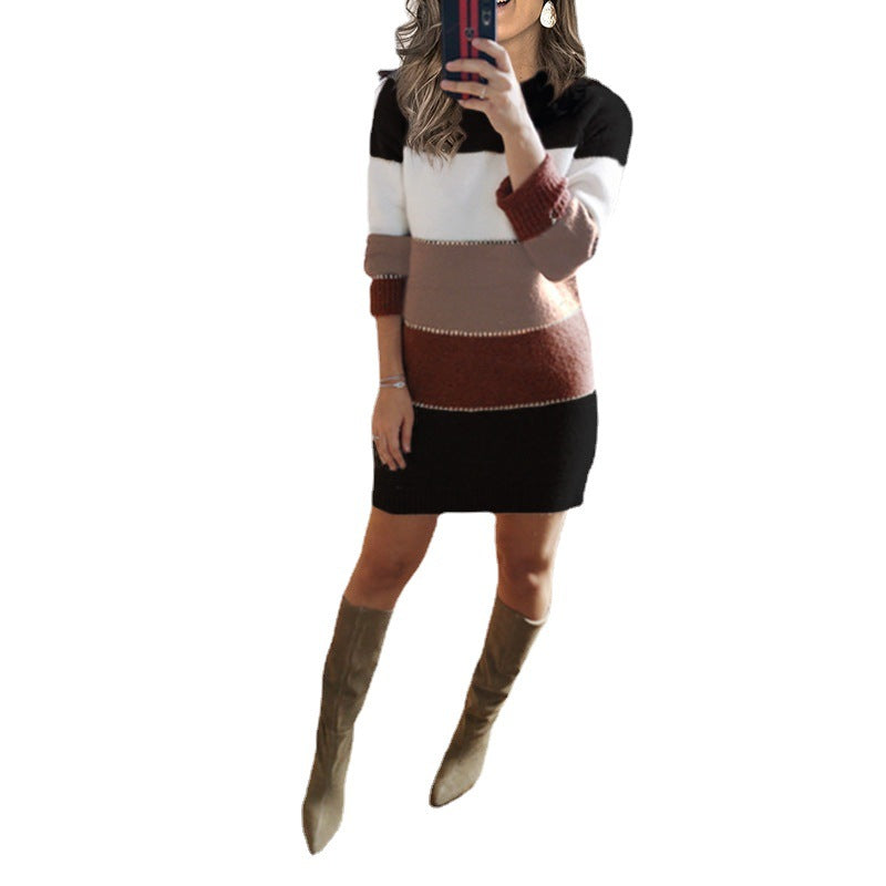 Damen nan gestreiftes Strickkleid mit figurbetonter Passform, geripptem Saum und langen Ärmeln