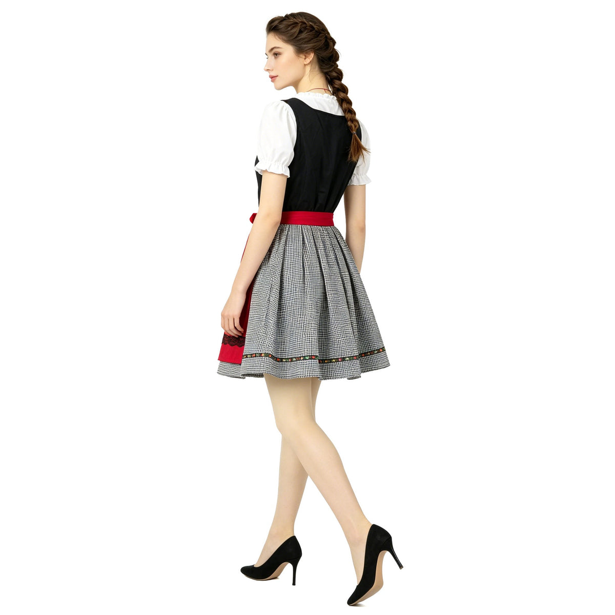 Damen nan traditionelles Dirndlkleid mit Herzausschnitt, geschnürtem Mieder und dekorativer Schürze