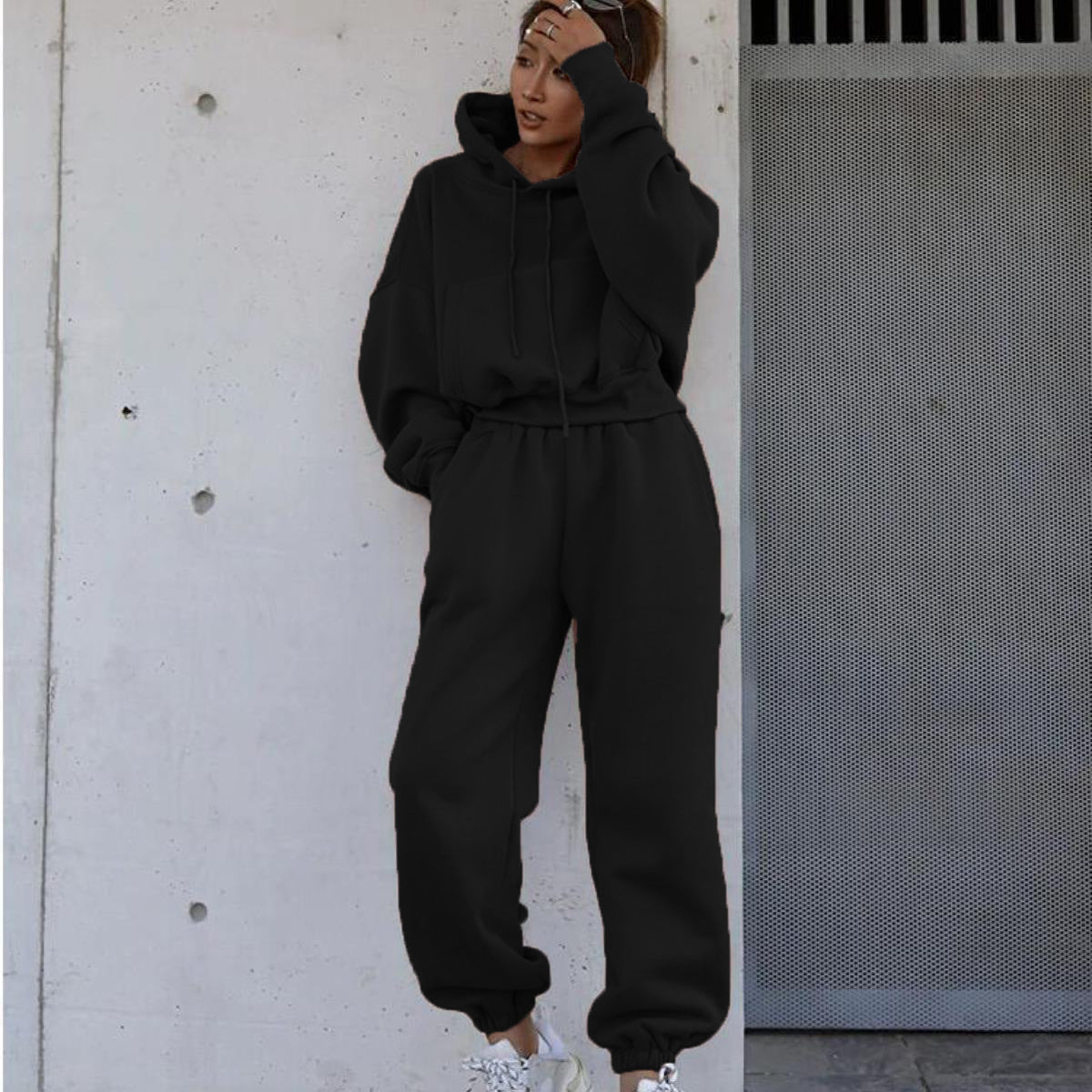 Damen nan kuscheliges kurzes Kapuzenpullover- und hochgeschnittene Jogginghose Set