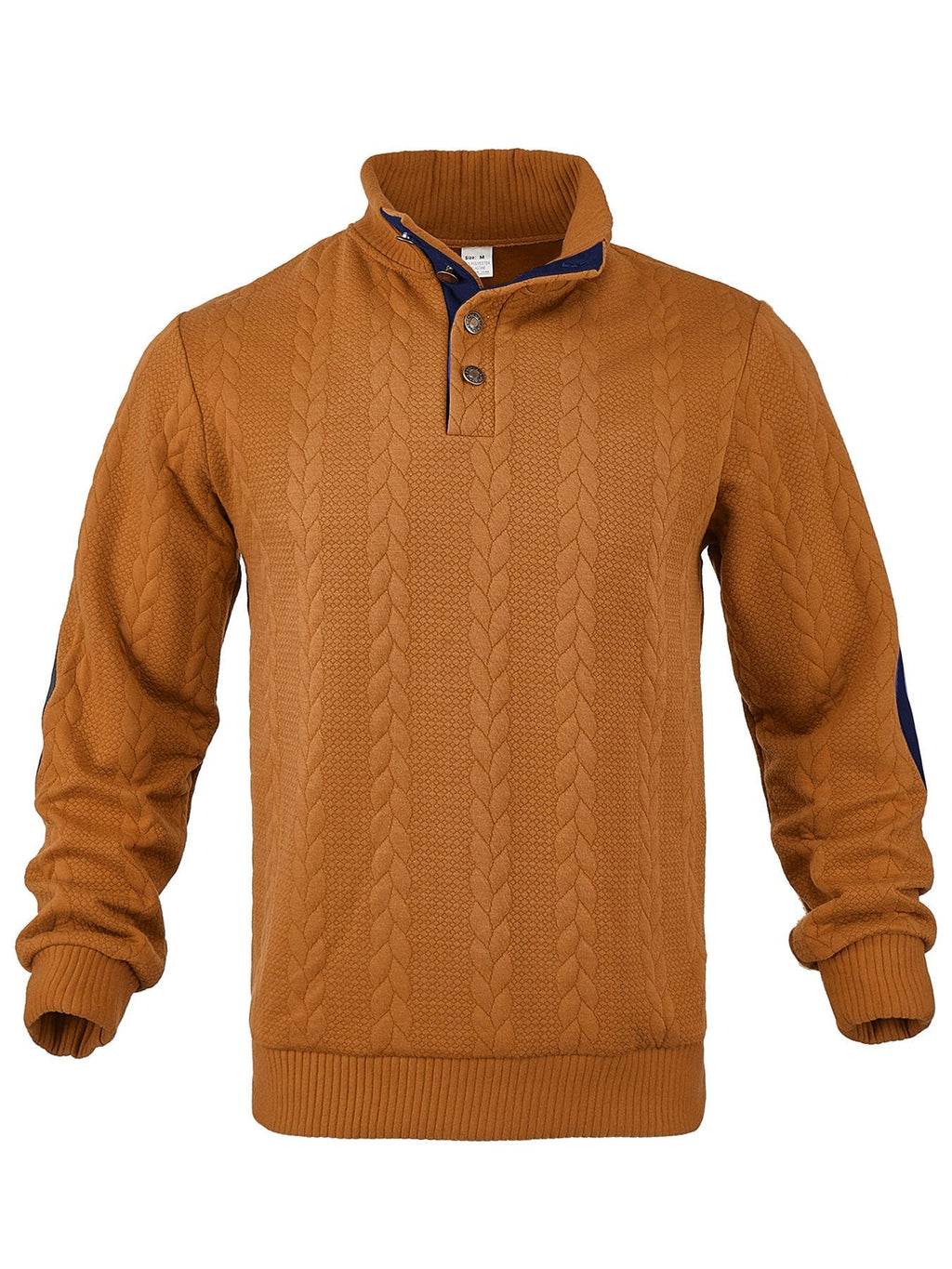 Herren nan Zopfmuster-Pullover mit Stehkragen, halber Knopfleiste und Ellbogenpatches