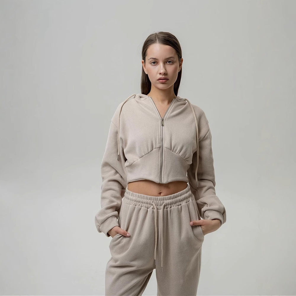 Damen nan zweiteiliges Cropped Hoodie-Set mit weitem Bundhose-Schnitt und tailliertem Reißverschluss