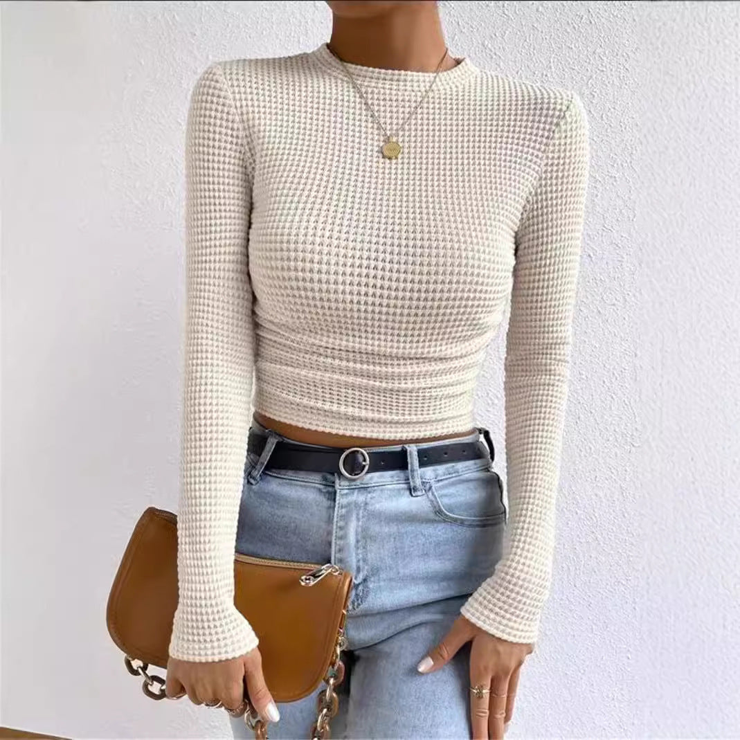 Damen nan tailliertes kurzgeschnittenes Waffelstrickshirt mit Rundhalsausschnitt und figurbetonter Passform