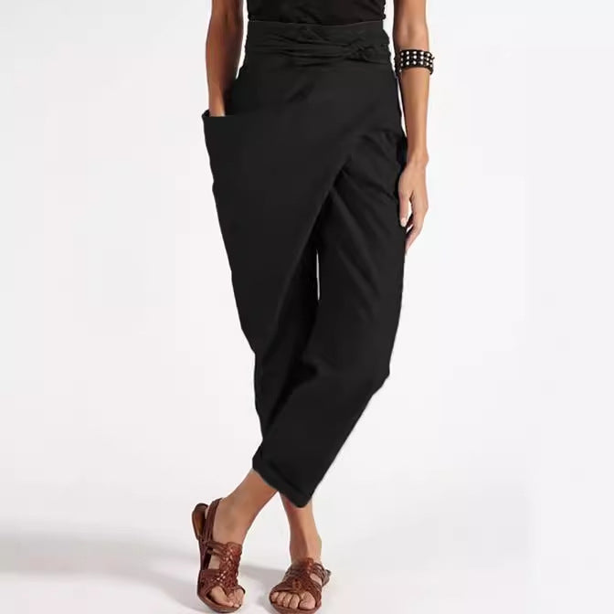 Damen nan Wickelhose aus Leinenmix mit hohem Taillenbund, überlappender Vorderseite und großzügiger Eingrifftasche