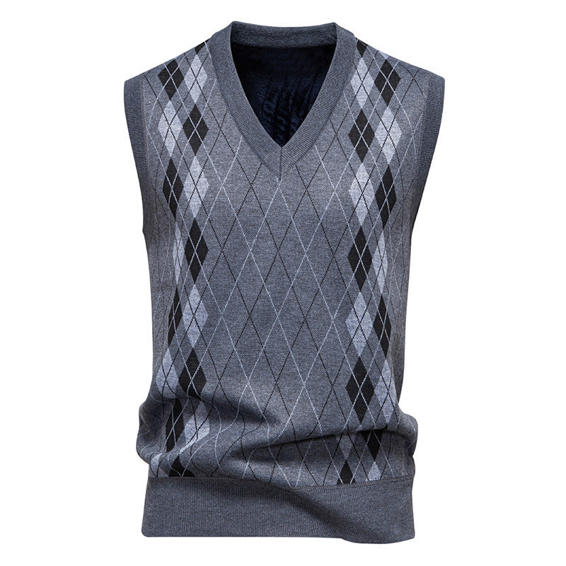 Herren nan elegante Rautenmuster-Strickweste mit V-Ausschnitt und leichtem Baumwollmix