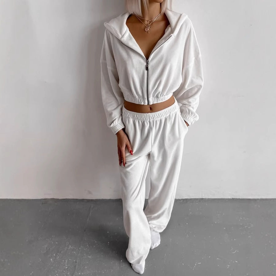Damen nan Samt-Loungewear-Zweiteiler mit kurzem Frontzip, elastischem Komfortbund und weitem Hosenbein