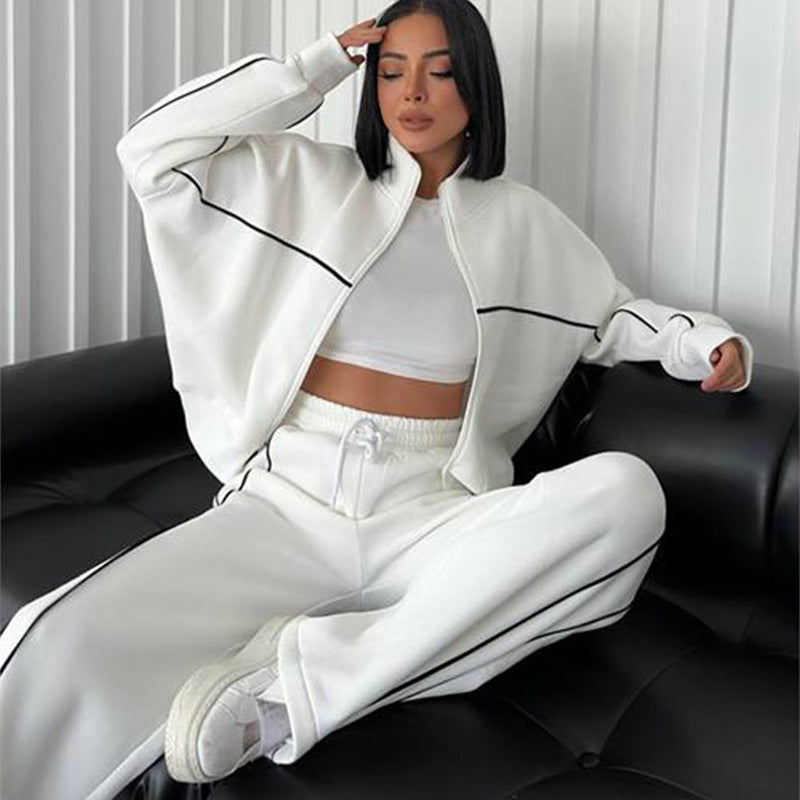 Damen nan Oversize Trainingsanzug Set mit Reißverschluss hohem Kragen und Kontrastpaspeln