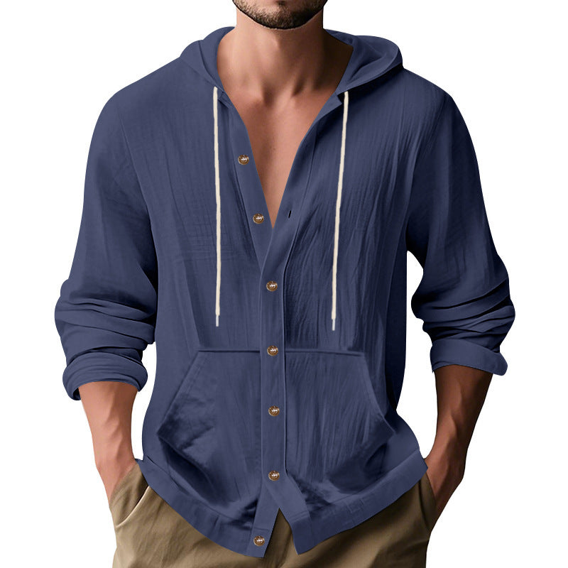 Herren nan figurbetonte Kapuzenhemd-Jacke aus Baumwollmix mit Druckknopfleiste und Kängurutasche