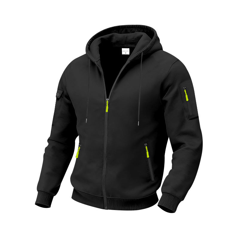 Herren nan funktionale Kapuzen-Sweatjacke mit durchgehendem Reißverschluss, Ärmeltasche und wasserabweisenden Reißverschlüssen