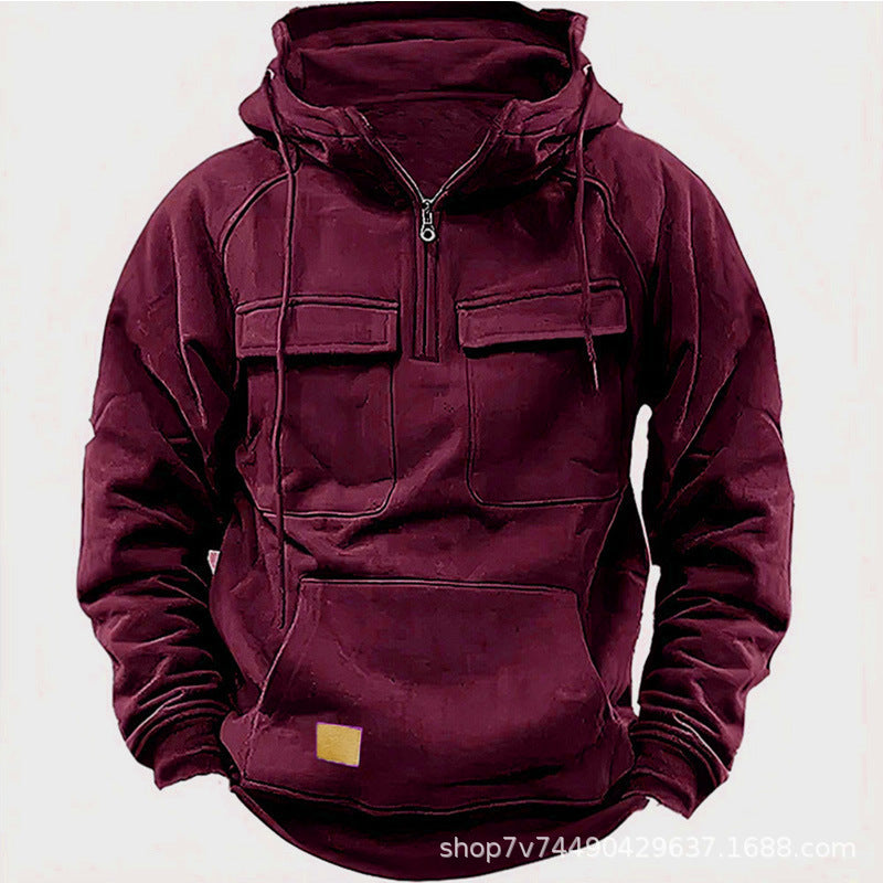Herren nan funktionaler Kapuzenpullover mit halbem Reißverschluss, aufgesetzten Brusttaschen und Kängurutasche