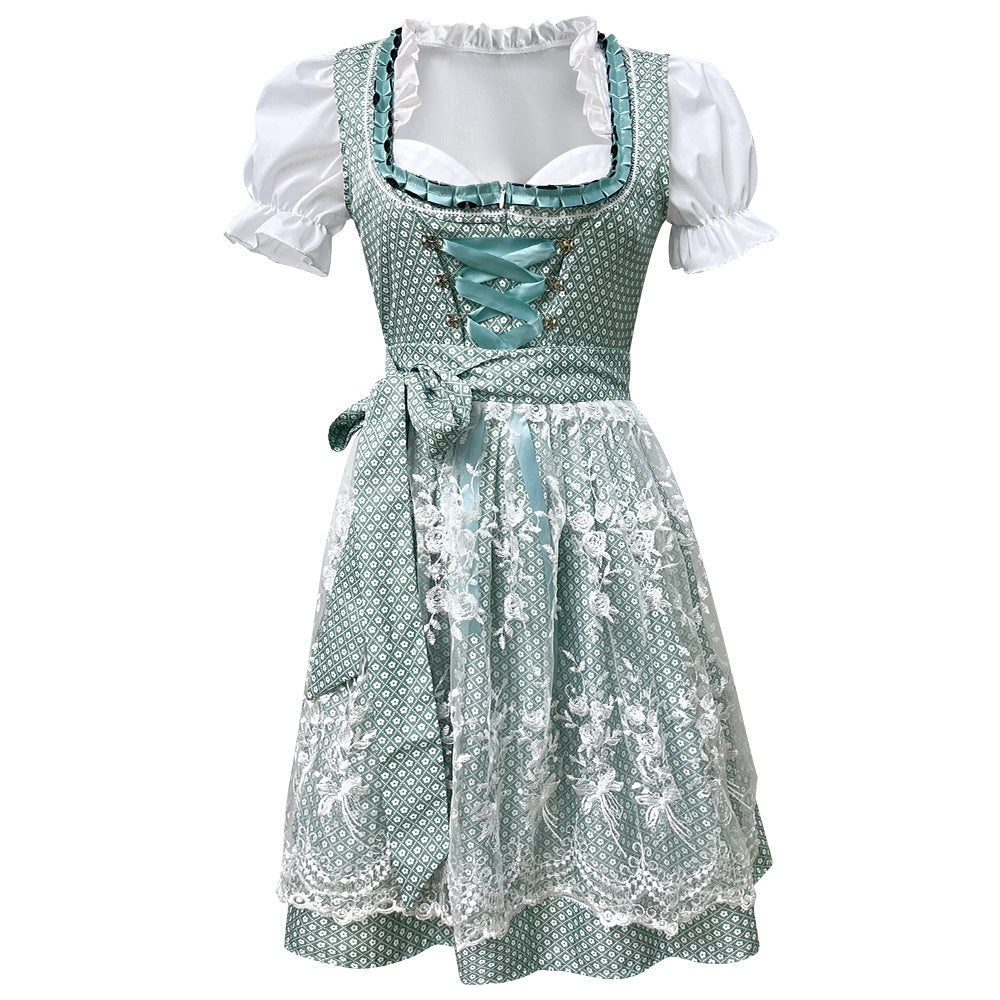 Damen nan traditionelles kurzes Dirndl mit Spitzenapron, Herzausschnitt, Puffärmeln und Schnürung