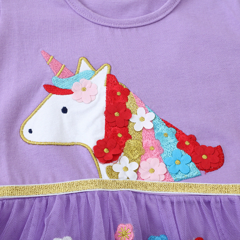 Mädchen Tüllkleid mit bunten Einhorn- und Blumenapplikationen