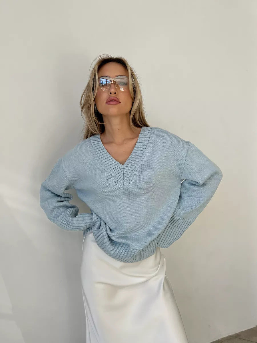 Damen nan oversized Feinstrickpullover mit tiefem V-Ausschnitt, gerippten Bündchen und lockerer Silhouette