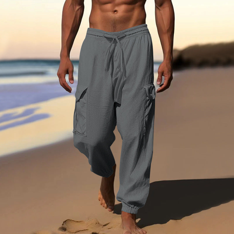 Herren nan luftige Leinen-Mix Strandhose mit Cargo-Taschen und elastischem Saum