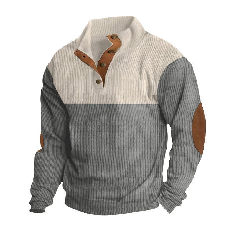 Herren nan strukturiertes Rugby-Pullover mit Stehkragen, Knopfleiste und Leder-Ellenbogenpatches
