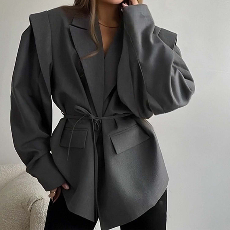 Damen nan taillierter Blumenblazer mit Bindegürtel und Reverskragen