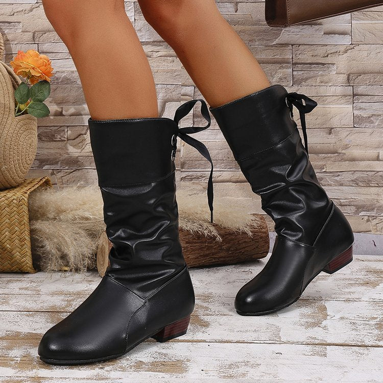 Damen nan schafthöhe Stiefel mit Raffung, rückseitiger Schnürung und niedrigem Blockabsatz