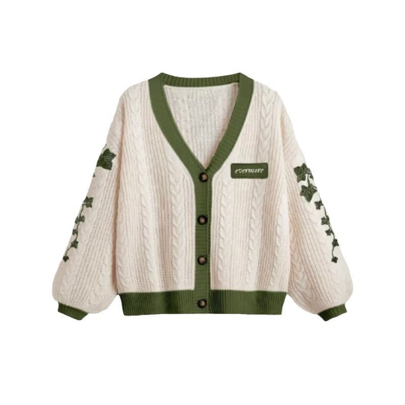 Damen nan gestrickter Oversize-Cardigan mit Zopfmuster, V-Ausschnitt, Knopfleiste und floraler Ärmelstickerei
