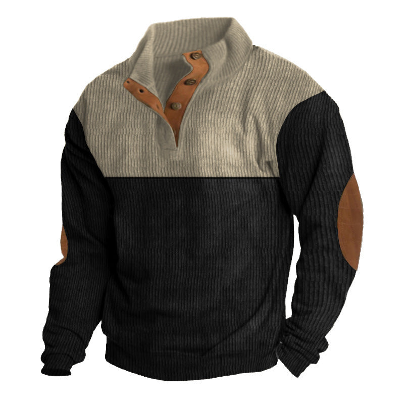 Herren nan gerippter Pullover mit Stehkragen, Knopfleiste und Ellbogen-Patches