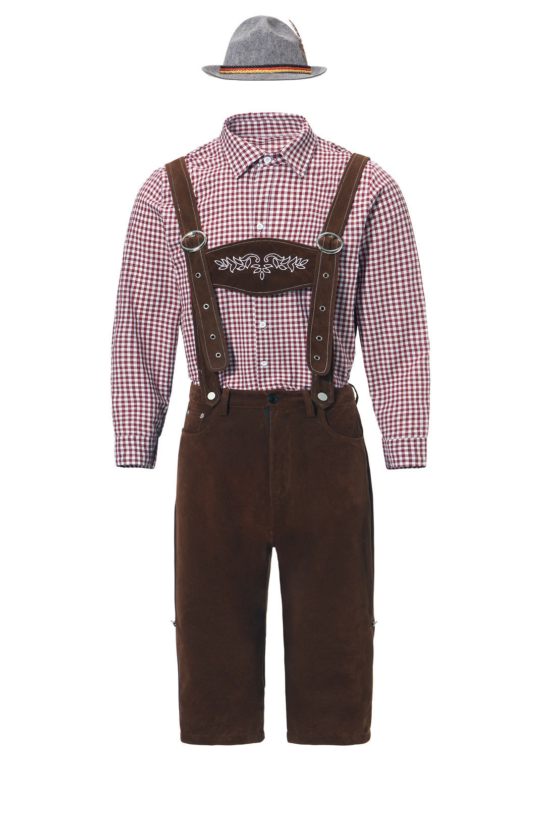 Herren nan authentische Trachten-Kniundhose aus wildlederähnlichem Material mit verstellbaren Trägern und besticktem Brustlatz