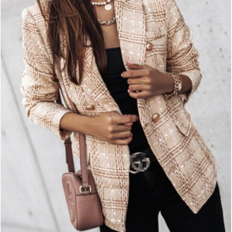 Damen nan eleganter Tweed-Blazer mit Doppelknopf, strukturierter Wung und aufgesetzten Taschen