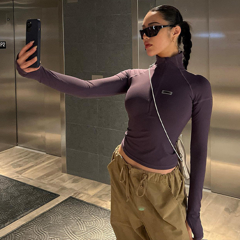 Damen nan figurbetontes Langarm-Zip-Top mit tiefem V-Ausschnitt und elastischem Funktionsstretch