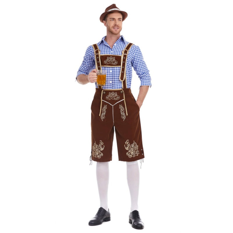 Herren nan Filzoptik-Lederhose knielang mit barocker Stickerei, verstellbaren Trägern und Dekornieten