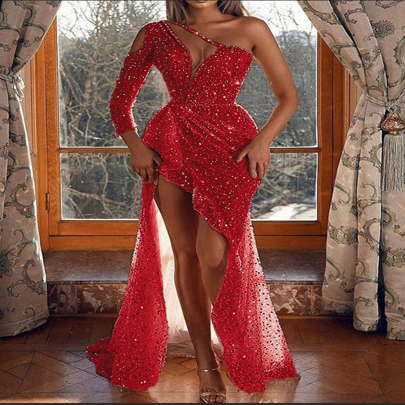 Damen Festliches Cocktailkleid mit glitzerndem Oberteil und asymmetrischem Design Selmira